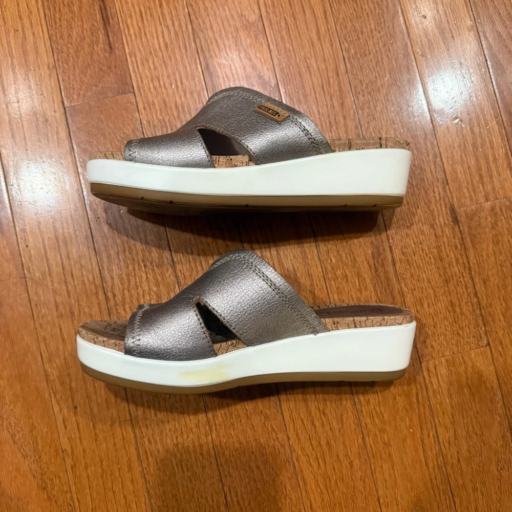 Pikolinos Women’s 35 4-5 Metallic Leather Wedges Slides Sandals Gold Silver Boho - Picture 6 of 12